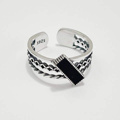 925 Sterling Silver Ring Vintage Black Enamel Rectangular Adjustable Open Multi Layer Texture Retro Minimalist Jewelry