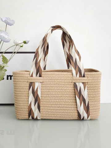 Große Damen Handtasche Aus Baumwollseil Gewebte Tragetasche Für Urlaub Strand Picknick Mit Geometrischem Muster Griff Boho Stil