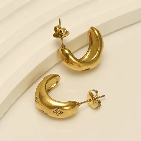 Hoop Ohrringe Edelstahl 18K Vergoldet Stern Graviert Zirkonia Vintage Mode C Form Für Frauen