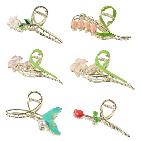 Floral Metal Hair Claw Clips Alloy Enamel Flower Tulip Lily Rose Rhinestone Faux Artificial Pearl Shark Clips Elegant Hair Accessories