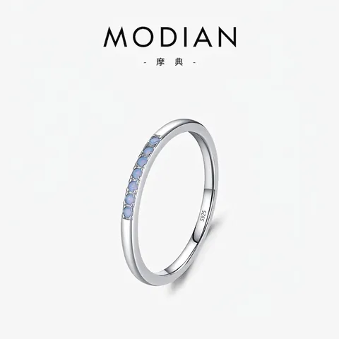Minimalist Thin Band Ring 925 Sterling Silver Light Blue Opal Micro Pave Simple Elegant Jewelry For Women