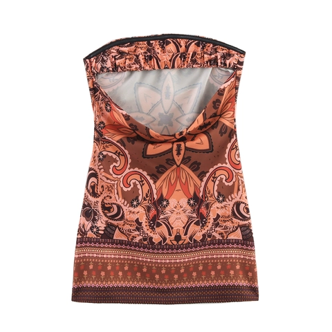 Boho Paisley Print Bandeau Mini Jurk Rugloos Hoge Taille Polyester Vakantie Vintage Etnisch Dames Zomer
