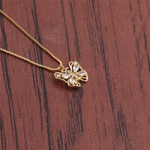 Gold Vergoldete Kupfer Schmetterling Tier Anhänger Halskette Mit Zirkon Box Kette Schmuck Für Frauen Elegant Minimalistisch