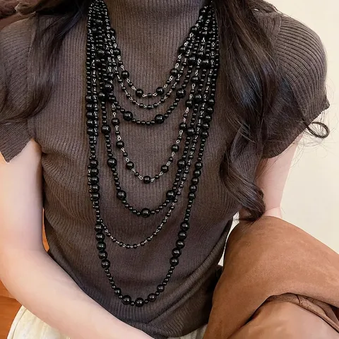 Meerlaagse Kralenketting Acryl Gegradueerde Ronde Kralen Retro Etnische Stijl Elegante Lange Trui Ketting Sieraden