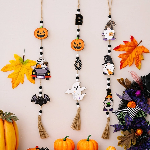 Ghirlanda Perle Legno Halloween Decorazione Appendere Con Nappe Corda Canapa Zucca Fantasma Gnomo Pipistrello Arredamento