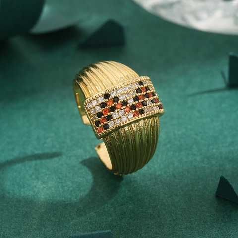 French Grosgrain Texture Copper Gold Inlaid Multicolor Rhinestone Open Ring Vintage Fashion Geometric Rectangular Finger Ring For Women