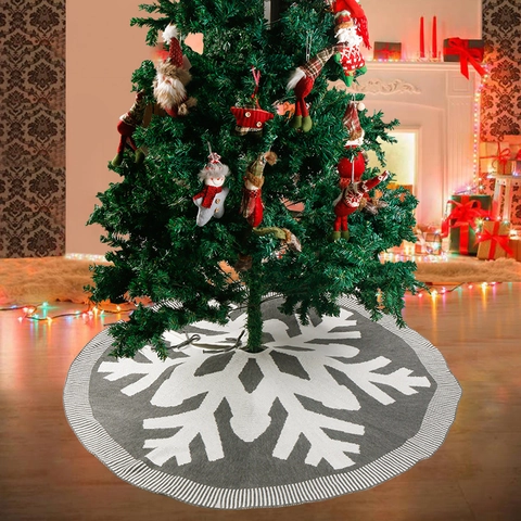 Jupe De Sapin De Noël Tricotée Motif Flocon De Neige Ronde Décoration De Sol Fête Maison Liens