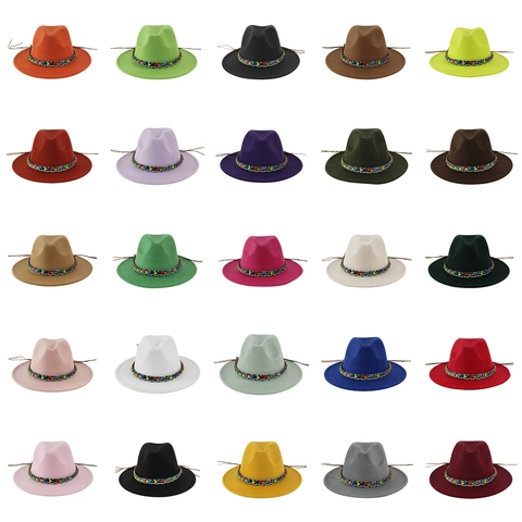 Wide Brim Fedora Hat Ethnic Style Colorful Beads Woven Band Bohemian Felt Jazz Hat For Women Men