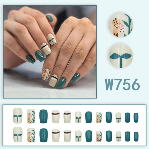 Giraffe Blatt Cartoon Künstliche Nägel Grün Beige Gestreift Mode Falsche Nägel Süße Press On Nails Mit Kleber