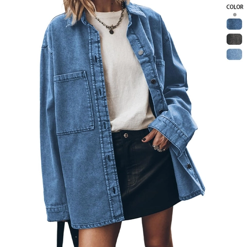 Women Oversized Denim Jacket Shirt Long Sleeve Retro Wash Cotton Shacket With Large Pockets Loose Casual Streetwear