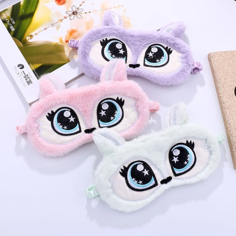 Cartoon Big Eyes Plush Sleep Eye Mask Soft Faux Fur Embroidered Blindfold For Kids Girls Nap Travel