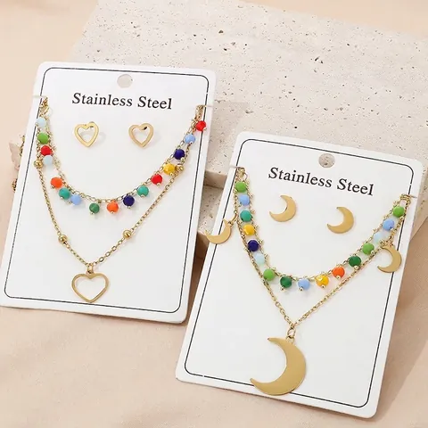 Collana Multistrato Boho E Orecchini Acciaio Inossidabile Perle Colorate Malocchio Cuore Luna Gioielli Placcati Oro