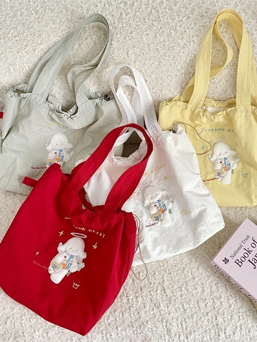 Große Kapazität Leinwand Tote Bag Frauen Cartoon Stickerei Kordelzug Schulter Handtasche Kawaii Ins Stil