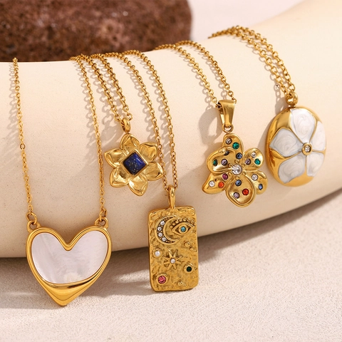 Stainless Steel Pendant Necklace 18K Gold Plated Flower Heart Star Moon Shell Stone For Women Retro Style