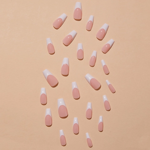 Glossy French Tip Press On Nails Pink White Artificial Square Shape False Nails For Women Reusable Manicure