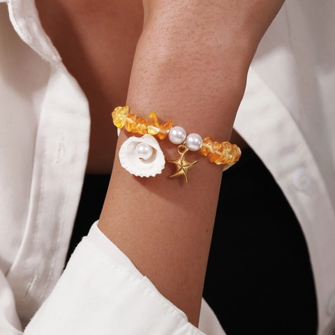 Pulsera De Cuentas Tema Océano Con Colgante Estrella De Mar Concha Aleación Piedra Triturada Perla Artificial Imitación Joyas Playa Mujer