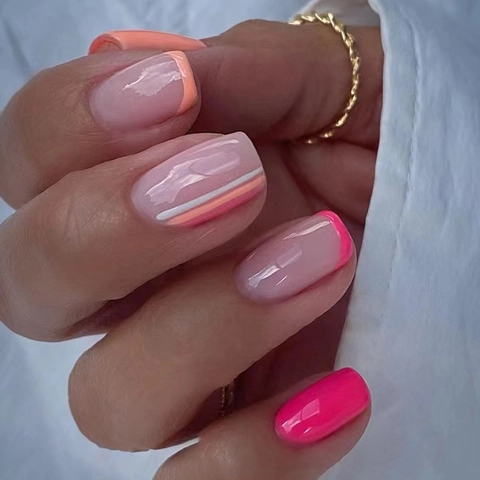 Press On Nails French Style Glossy Square Shape False Nails For Women Striped Pink Magenta Design Elegant Artificial Nails