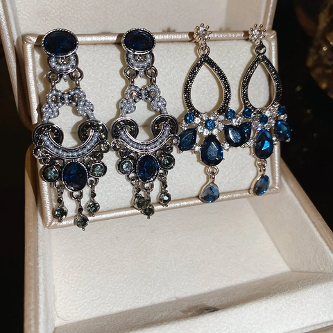Vintage Dangle Earrings With 925 Sterling Silver Earring Post Blue Rhinestone Imitation Artificial Pearl Tassel Palace Style