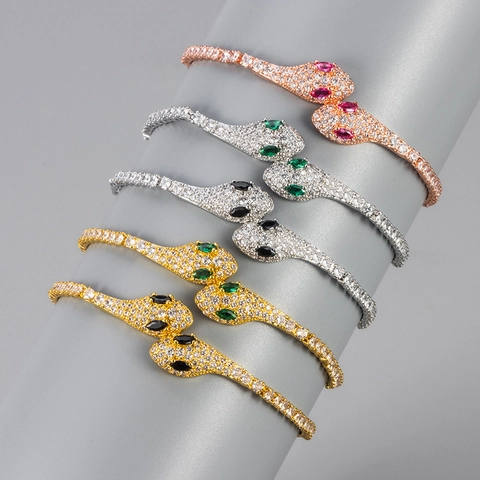 Adjustable Snake Bracelet Copper Pavé Cubic Zirconia Snake Head Jewelry Elegant Animal Style Hand Ornament For Women