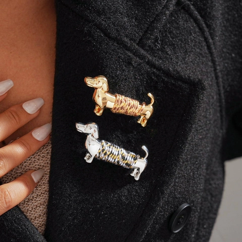 Alloy Dachshund Dog Brooch With Colorful Woven Rope Metallic Fashion Animal Pin For Women