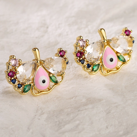 Pendientes De Botón Mariposa Ojo Turco Bañado En Oro Cobre Circón Colorido Esmalte Joyería De Moda Para Mujeres