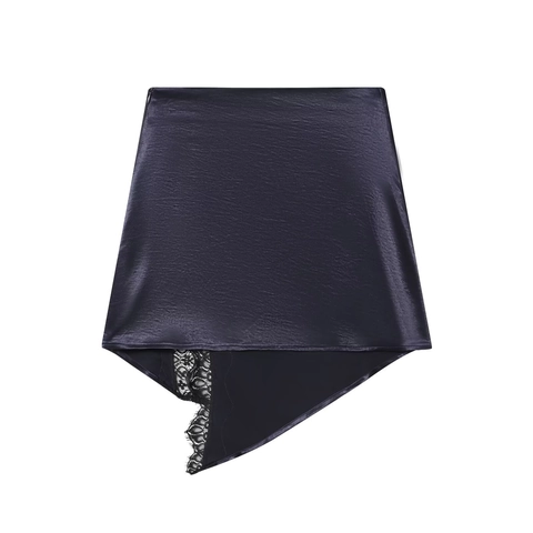 Satin Mini Skirt Lace Splicing Asymmetric Hem Sexy Streetwear Y2K Side Zipper Women Night Out Bottoms