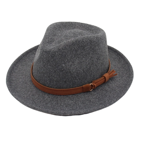 Fedora Hat Wide Brim Cotton Woolen Felt British Retro Jazz Cap With Leather Strap Tassel Elegant Style For Women Men