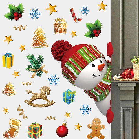 Christmas Wall Stickers Cute Cartoon Snowman Snowflakes PVC Self Adhesive Window Decals Holiday Home Decor Ornament
