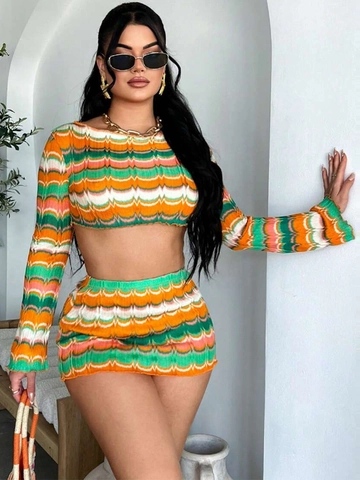 Multi Color Zigzag Pattern Knit Cropped Top And Bodycon Mini Skirt Long Sleeve Vacation Fashion Outfits For Women