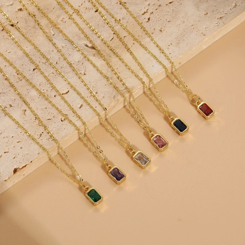 Minimalist Rectangular Zircon Pendant Necklace Copper 14K Gold Plated Emerald Cut Colorful Jewelry For Women