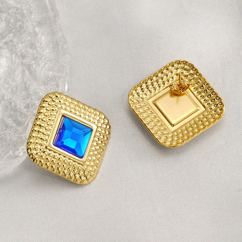 Square Stud Earrings 18K Gold Plated Stainless Steel With Blue Black Rhinestone Geometric Vintage Style For Women