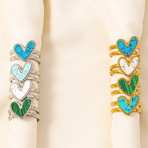 Heart Adjustable Ring 304 Stainless Steel Synthetic Turquoise Malachite Marble Stone Inlay Vintage Bohemian Style Jewelry