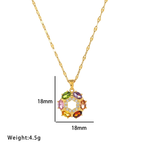 Stainless Steel Flower Pendant Necklace Colorful Rhinestone Inlaid Jewelry Set With Earrings And Adjustable Open Ring For Women