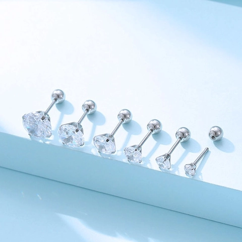 Cubic Zirconia Stud Earrings Stainless Steel Round Four-Claw Crystal Ear Bone Nails Screw Back Ball Unisex Fashion