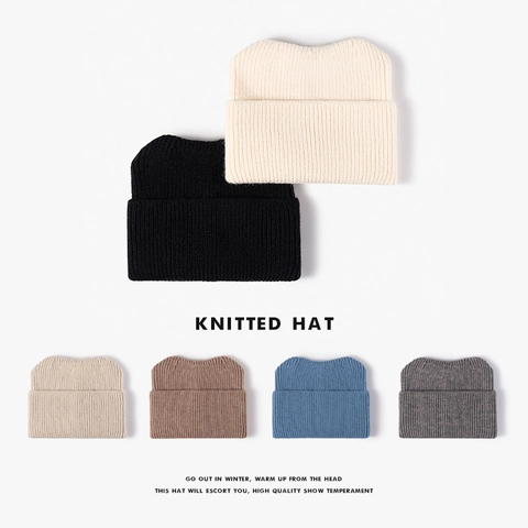 Women Winter Warm Beanie Hat Thick Ribbed Knit Cat Ears Faux Rabbit Fur Sheep Cashmere Cuffed Outdoor Fashion