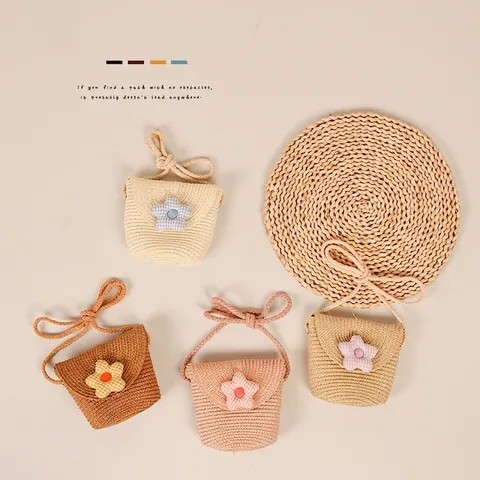 Kids Girls Straw Woven Crossbody Bag Mini Handmade Plaid Flower Shoulder Pouch Cute Summer Beach Travel Bag