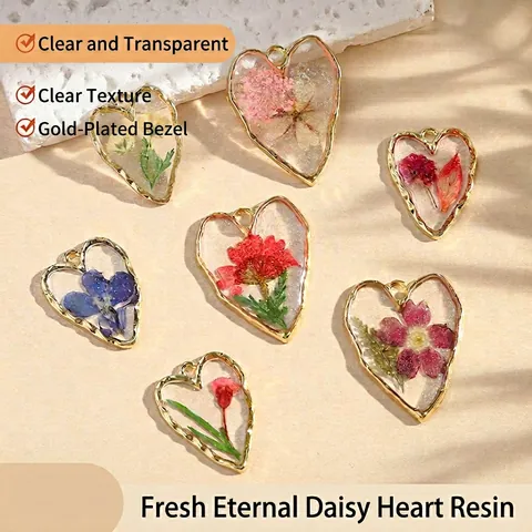 Ciondoli In Resina A Forma Di Cuore Con Veri Fiori Secchi E Bordo In Lega Placcato Oro Accessori Per La Creazione Di Gioielli Fai-Da-Te