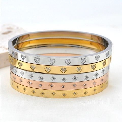 Heart And Star Inlaid Rhinestone Stainless Steel Bangle Fashion Hinged Jewelry For Women