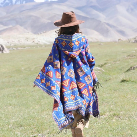 Damen Kapuzen Schal Umhang Ethnisch Geometrisches Muster Quaste Warmer Poncho Für Reisen Fotografie Boho Stil