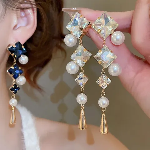 Orecchini Lunghi Pendenti Con Perno In Argento 925 Lega Cristallo Quadrato Perla Artificial Imitazione Geometrico Stile Palazzo Vintage
