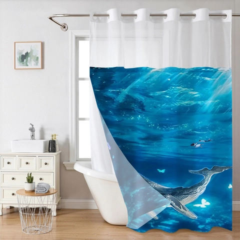 Set Tenda Doccia Impermeabile Poliestere Senza Ganci Doppio Strato Fodera Rimovibile Motivo Balena Marina Arredo Bagno