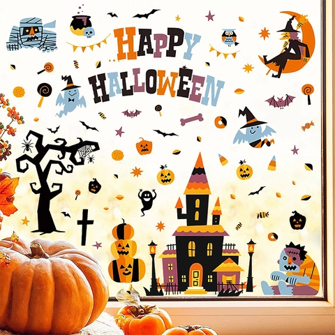 Halloween Fensteraufkleber Statische Haftung PVC Doppelseitig Kürbis Geist Hexe Fledermaus Schloss Aufkleber Für Glasdekor