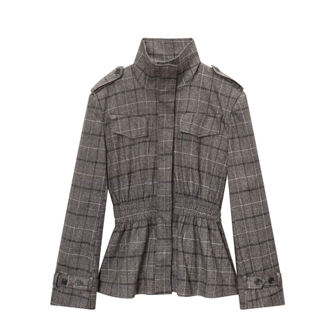 Giacca Peplum E Pantaloni Larghi A Quadri Donna Streetwear Elegante Moda Autunno Grigio