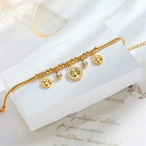 Tree Of Life Pendant Bracelet Stainless Steel Rhinestone Snake Chain Adjustable Gold Jewelry For Women Elegant Gift