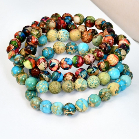Bracciale Di Perline In Pietra Naturale Diaspro Imperiale Larimar Boemo Elastico Colorato Gioielli Unisex Regalo