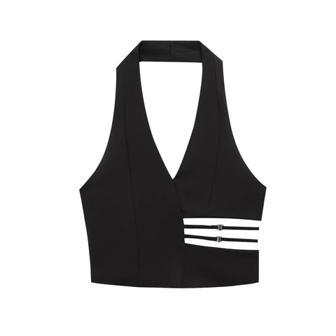Women Black Halter Neck Crop Top V-Neck Crossover Side Cutout With Metal Buckles Sexy Slim Fit Party Vest