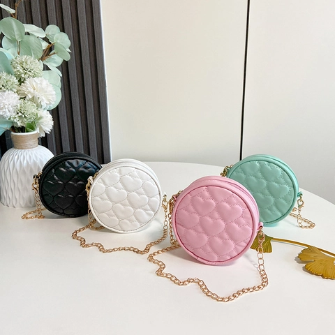Girls Mini Round Shoulder Bag Heart Quilted PU Leather Gold Chain Crossbody Handbag Fashion Accessories