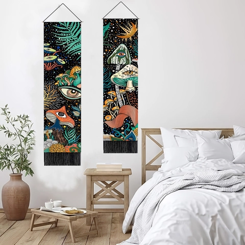 Vertical Mushroom Tapestry Wall Hanging Polyester Cotton Bohemian Mystic Pattern With Tassel Home Room Decor
