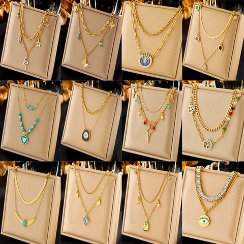 Collier Double Couche En Acier Inoxidable Plaqué Or Pendentifs Papillon Étoile Œil Bijoux De Mode Élégants Pour Femmes