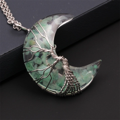 Tree Of Life Crescent Moon Heart Pendant Necklace Natural Crushed Stone Resin Wire Wrapped Bohemian Jewelry For Women Girls